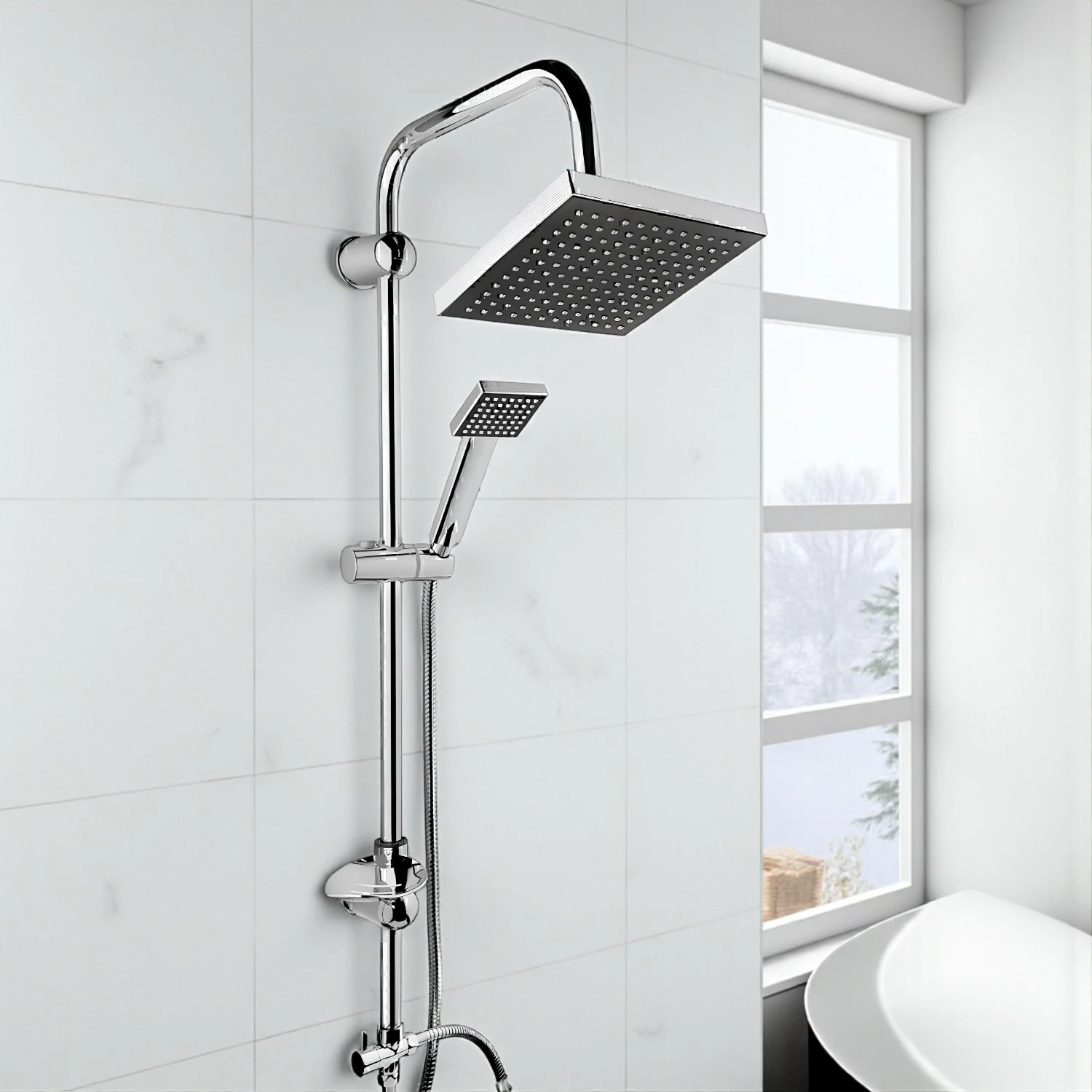  Klasik Kare Robot Duş Seti Tam Takım Parlak Krom Standart Yağmurlama Başlık Sabunluklu Duşu Sistemi