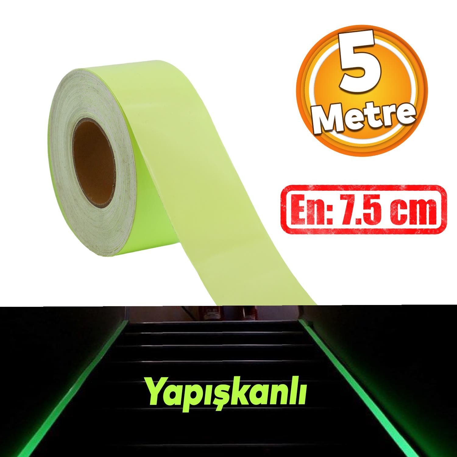 Fotolümen Gece Parlayan 7.5 cm Yeşil Reflektörlü Fosforlu Reflektif Düz Şerit Bant 5 Mt İkaz Bandı