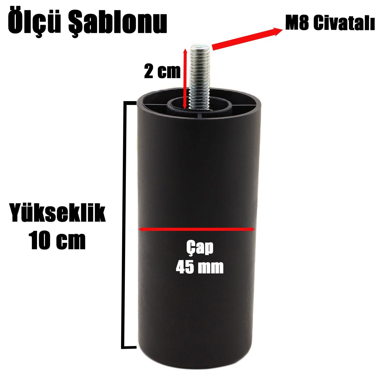 Mobilya Kanepe Koltuk Baza Yükseltme M8 Civatalı İnce Diş Destek Ayağı Ayakları Siyah 10 cm 8 Adet