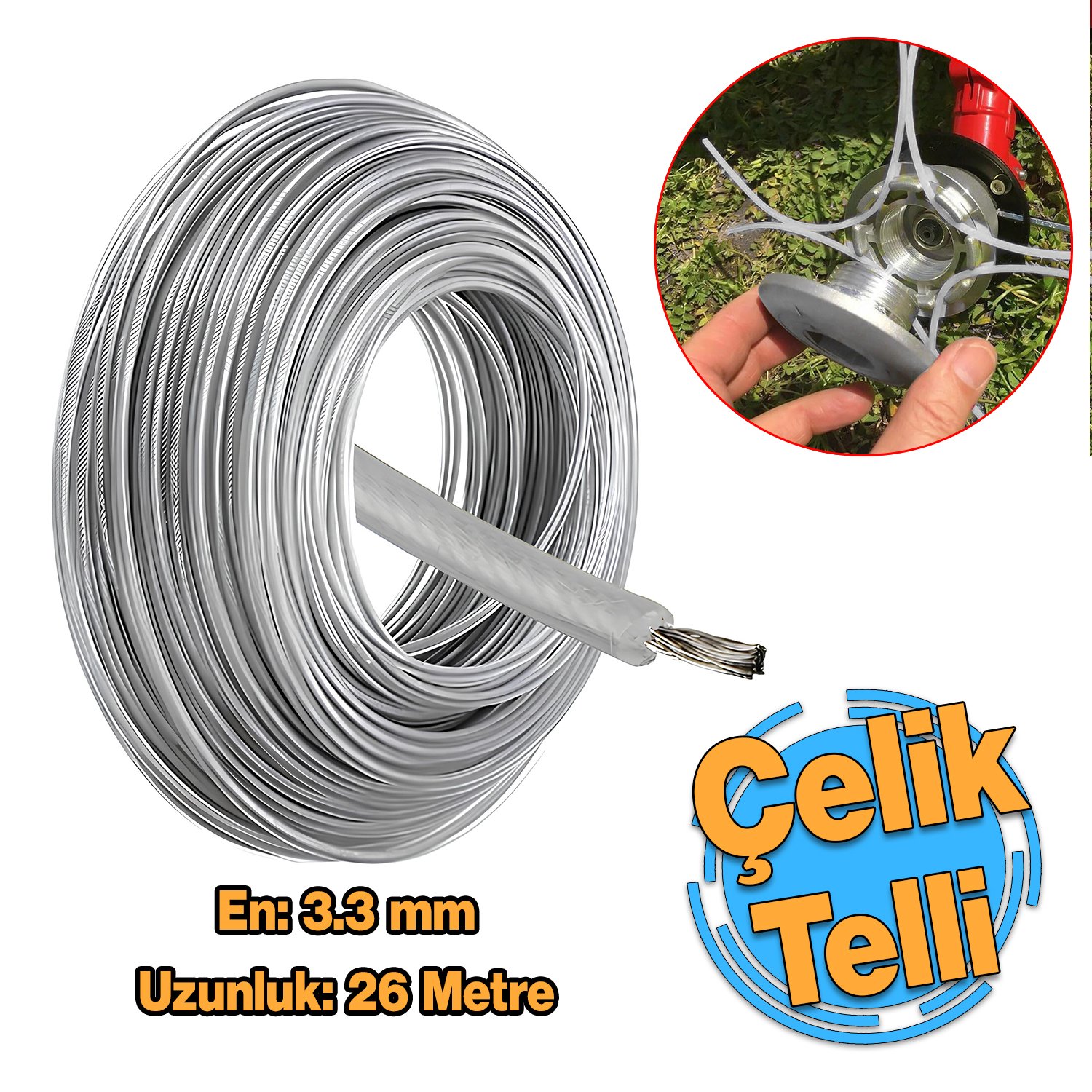 Çelik Telli Motorlu Tırpan Yuvarlak Misina 3.3 mm 26 Metre Çim Ot Biçme Teli Güçlü Profesyonel 