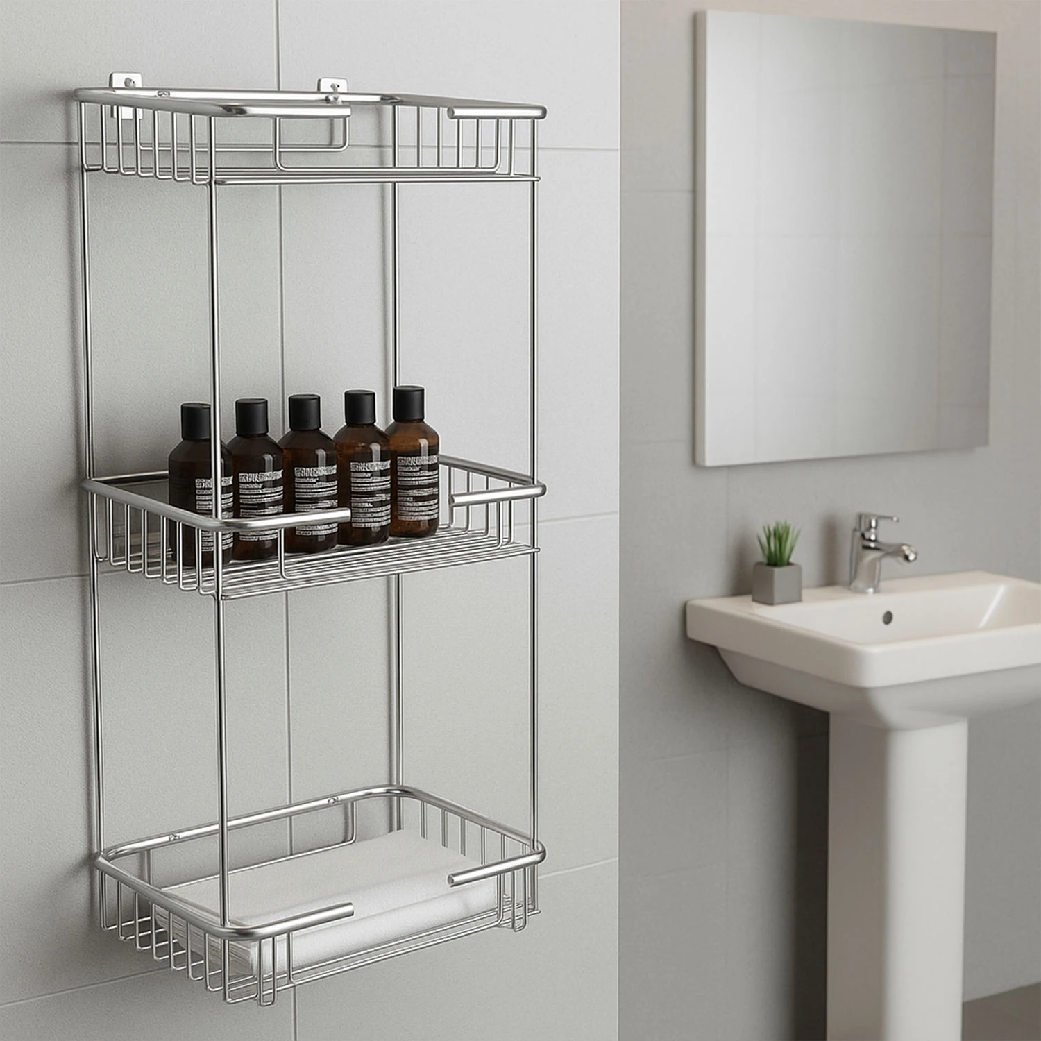 Banyo Duş Köşe Rafı Üç Katlı Kare Şampuanlık Krom Paslanmaz Metal Düzenleyici Raf Sistemi 50 cm