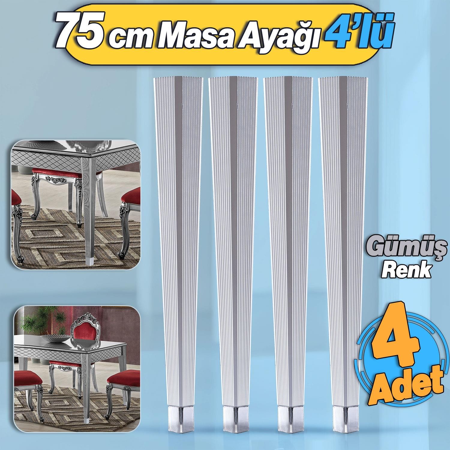 4 Adet Elit Plastik Masa Dresuar Ayağı 75 cm Gümüş Gri Ayak Mutfak Yemek Masası Mobilya Ayakları