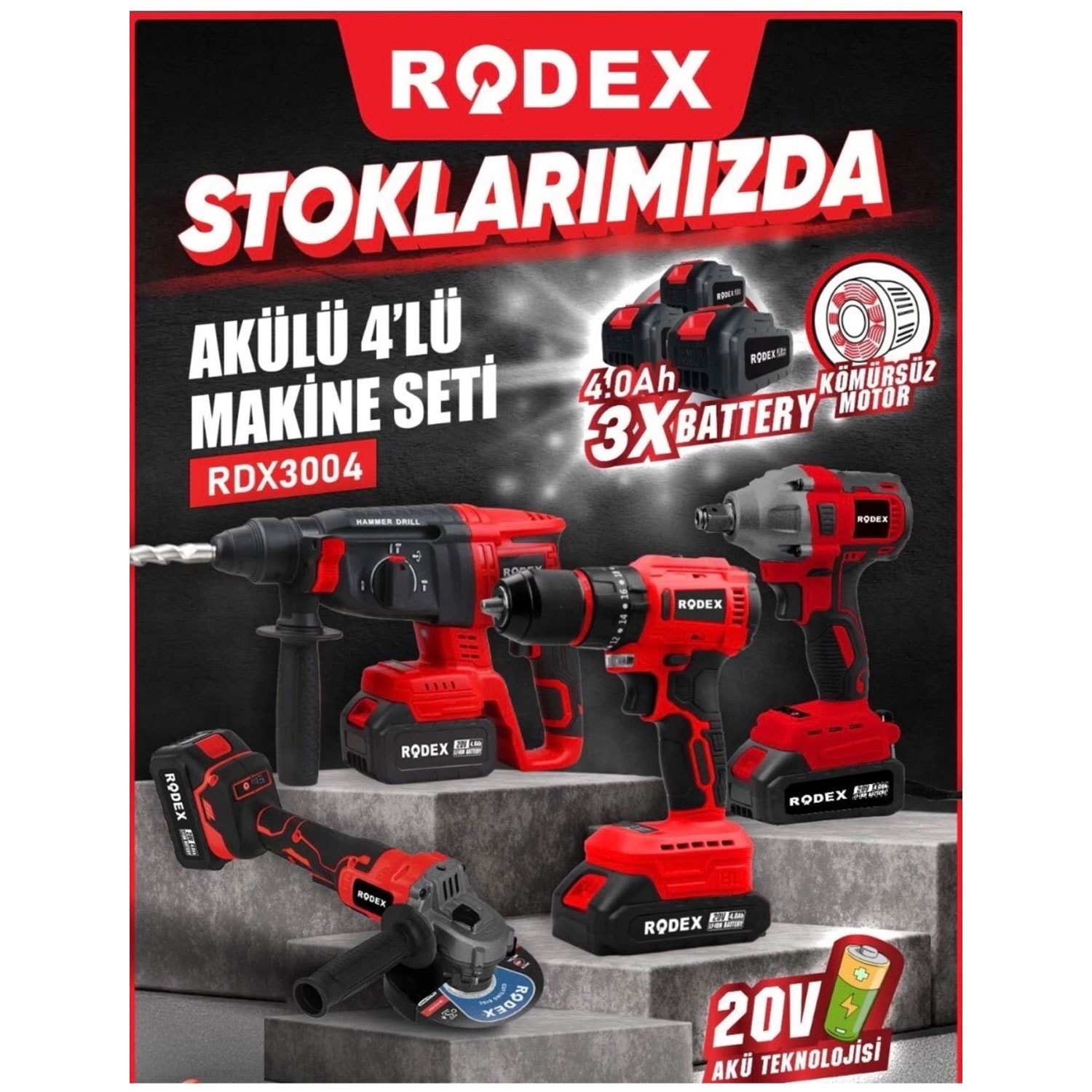Rodex 20V Akülü 4’lü Şarjlı Matkap Seti Darbeli Matkap, Vidalama, Somun Sıkma ve Taşlama Makinesi