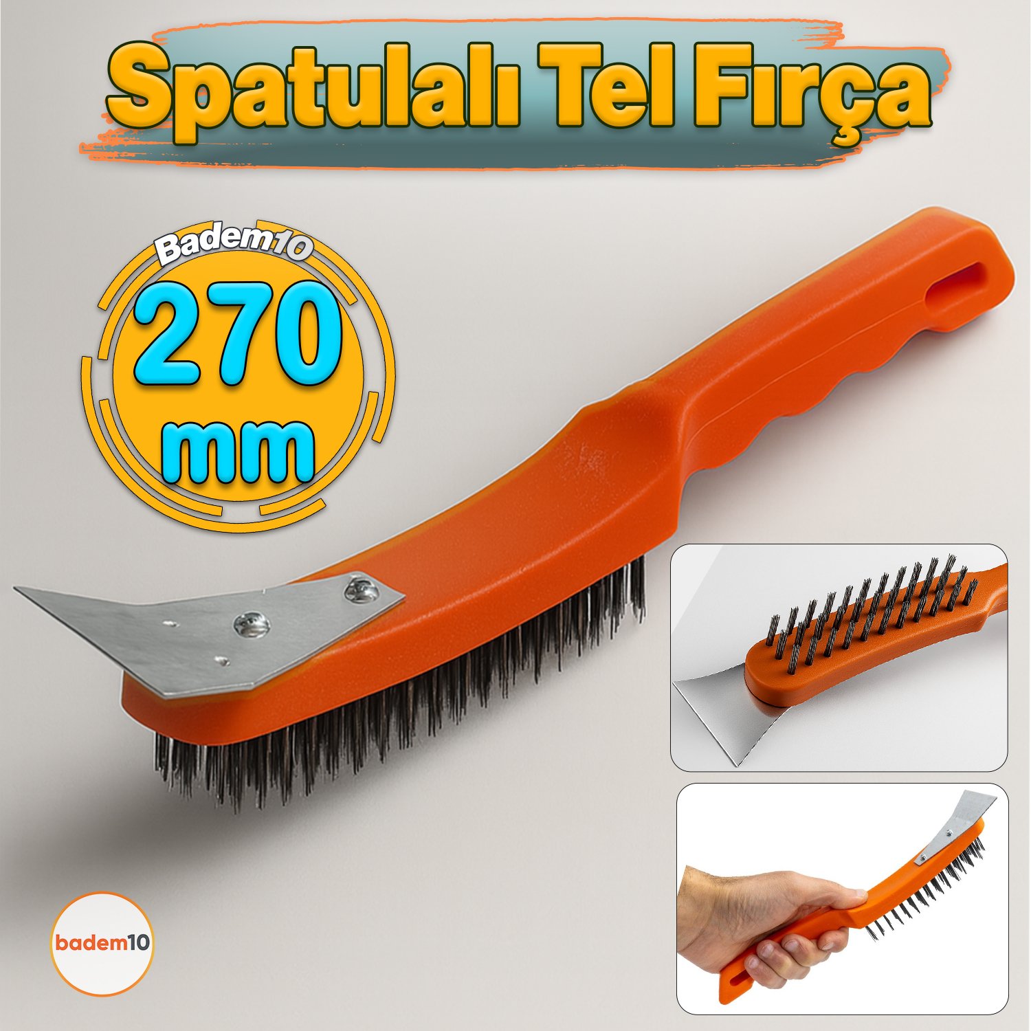Spatulalı Çelik Tel Fırça 270 mm Metal Kazıma Temizleme Pas Sökücü Çelik Kıllı El Tipi Nalbur Fırça