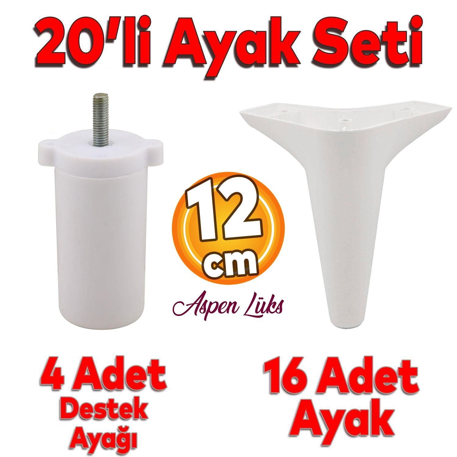 20'li Set Aspen Lüks Mobilya Koltuk Kanepe Tv Ünitesi Yükseltme Destek Ayağı 12 cm Beyaz Ayakları