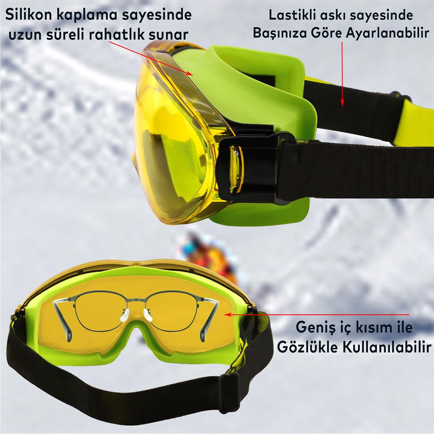 Bellasimo Kayak Gözlüğü Değiştirebilir Camlı Antifog Güneş Kar Gözlük Sarı Snowboard Glasses Gözlük