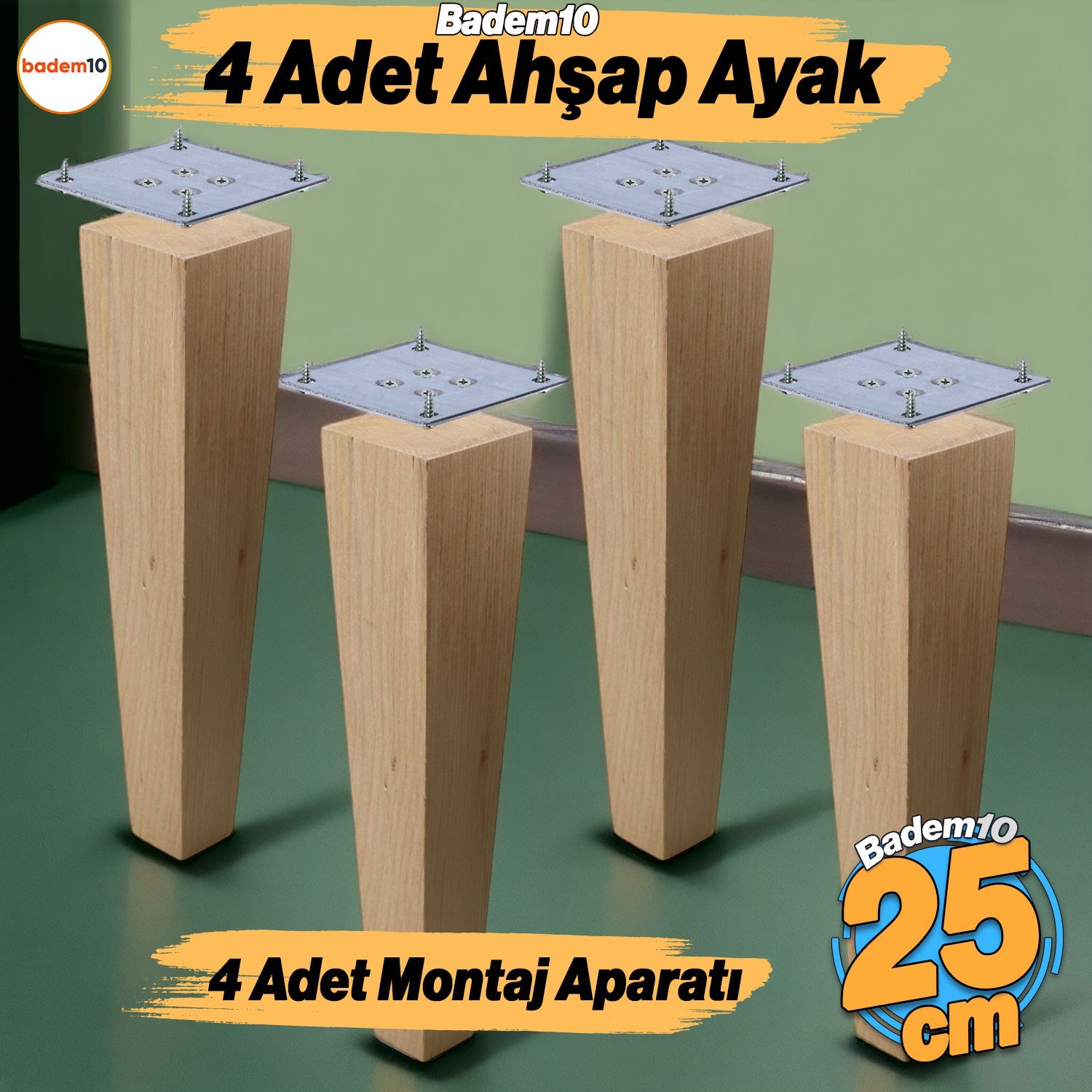 Ahşap Ayak 4 Adet 25 cm Kare Bağlantı Aparatı Dahil Mobilya Koltuk Kanepe Sehpa Masa Ayağı Ayakları