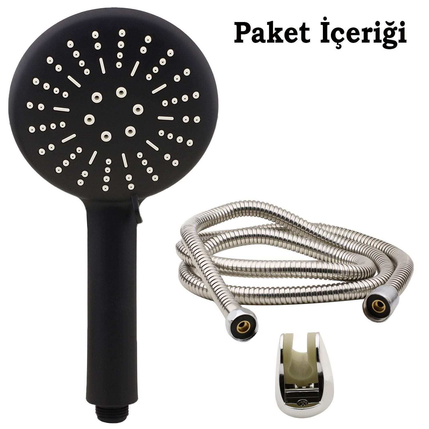 Baran Duş Seti Banyo Lüx Yuvarlak Siyah Başlık Metal Hortum