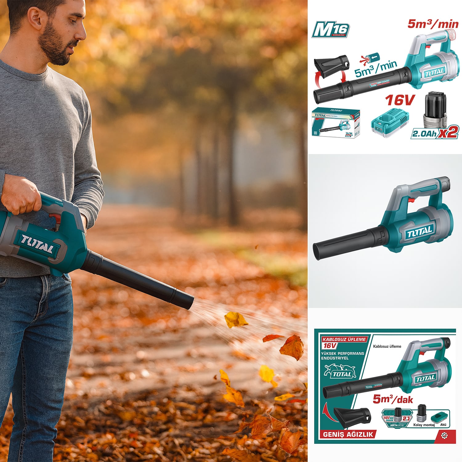 Total Li-Ion Kablosuz Bataryalı 16V Şarjlı Hava Üfleme Makinesi Blower 2.0Ah X2 Toz Yaprak Üfleyici