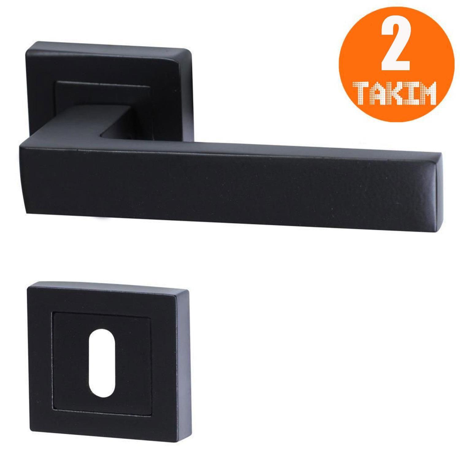 Avanti Mat Siyah Kare Rozetli Oda Kapı Kolu Metal Sağa Sola Uygun (2 TAKIM)