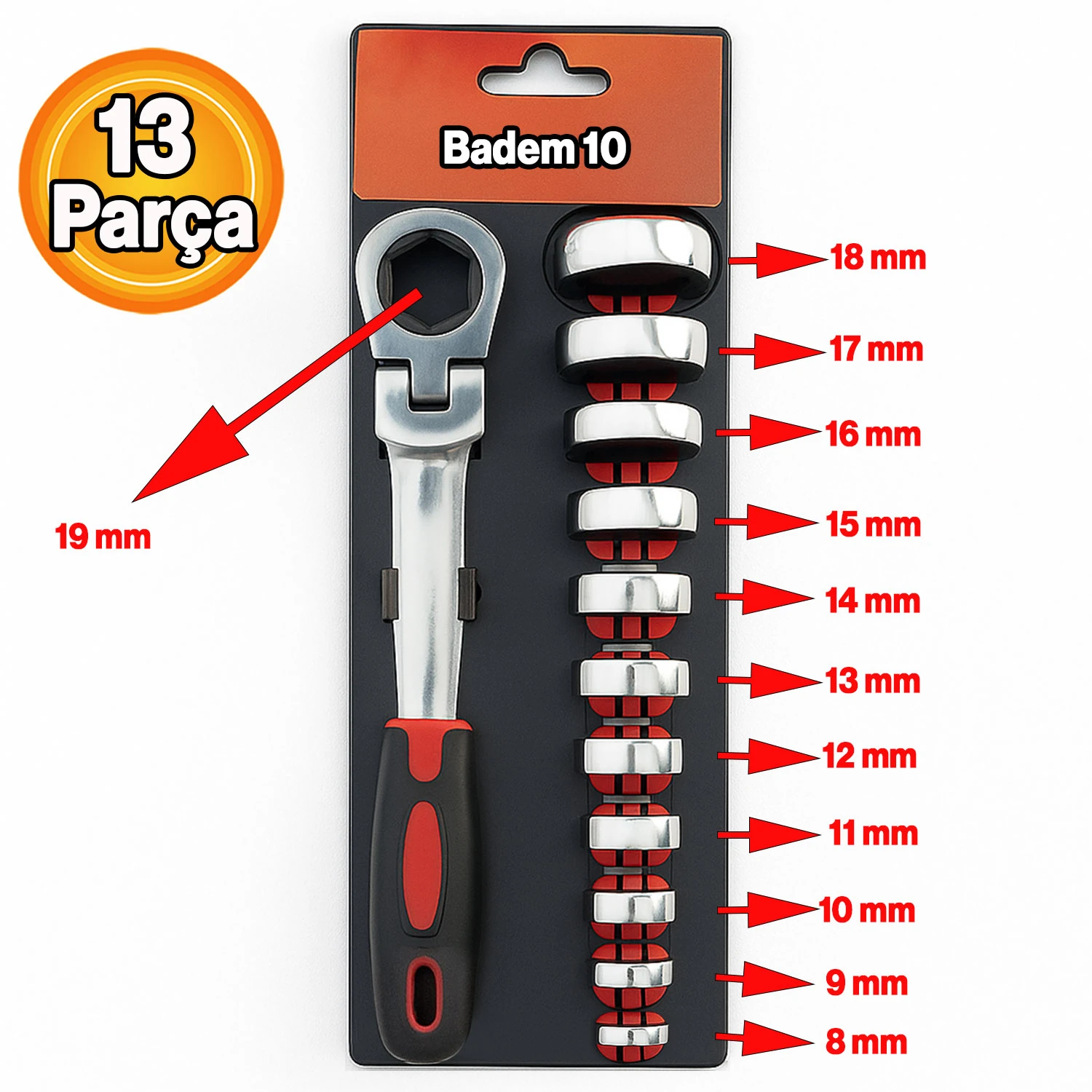 Profesyonel 13 Parça Değişebilir Kafalı Kombine Anahtar Takımı Çok Amaçlı Dayanıklı El Aleti Seti