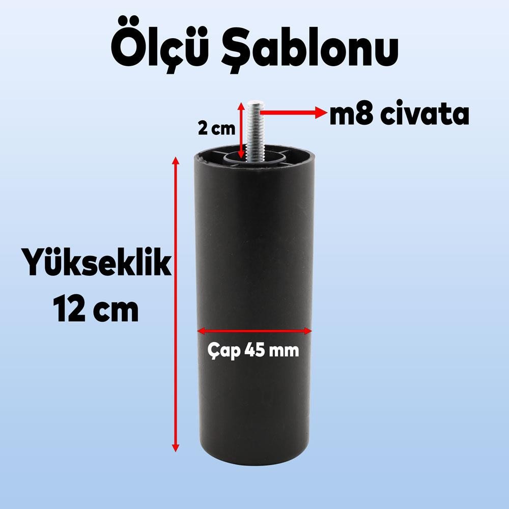 Mobilya Kanepe Koltuk Baza Yükseltme M8 Civatalı İnce Diş Destek Ayağı Ayakları Siyah 12 cm 4 Adet