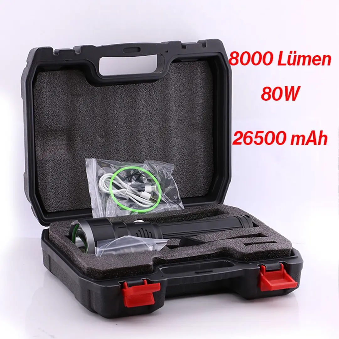 El Feneri 8000 Lümen 80W Uzun Menzil Metal Kasa Şarjlı Powerbank