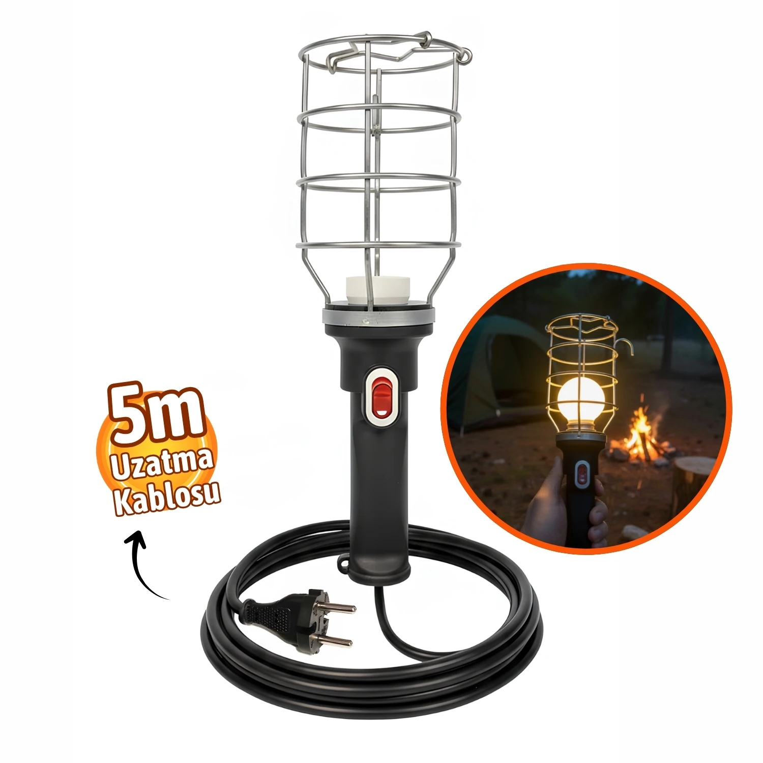 Siyah Plastik Saplı Metal Koruma Kafesli 5 metre kablolu E27 Standart Duy Seyyar El Lambası