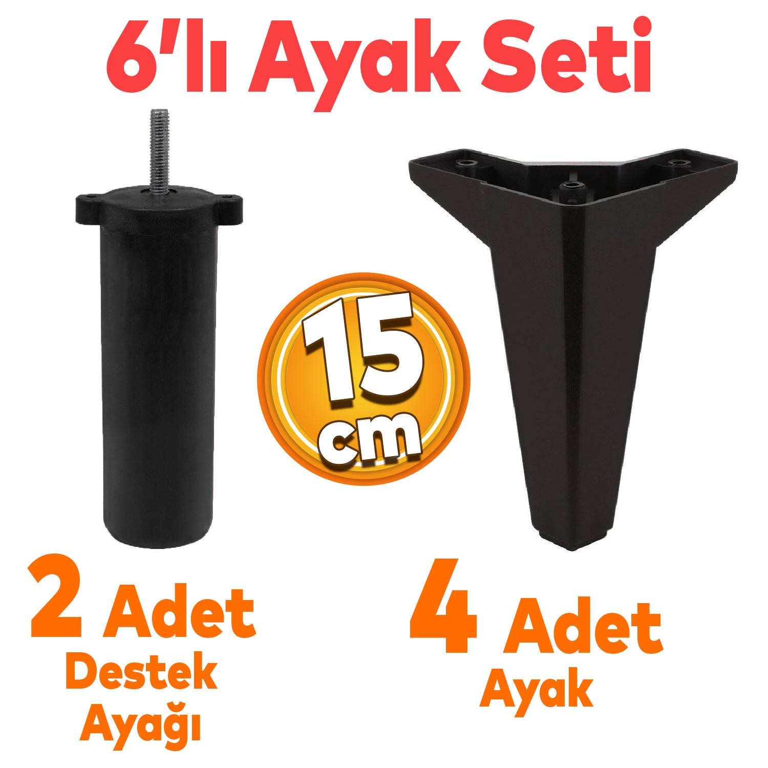 Sedir 6'lı Set Mobilya TV Ünitesi Çekyat Koltuk Kanepe Destek Ayağı 15 cm Siyah Baza Ayak
