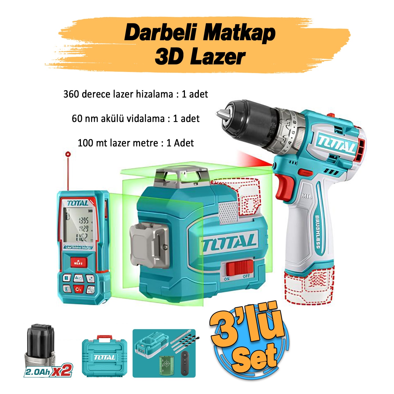 Total TOSLI250101E Avantaj 3'lü Set Darbeli Matkap 16V Kablosuz 3D Lazer 100 Metre Hizalama Ölçme