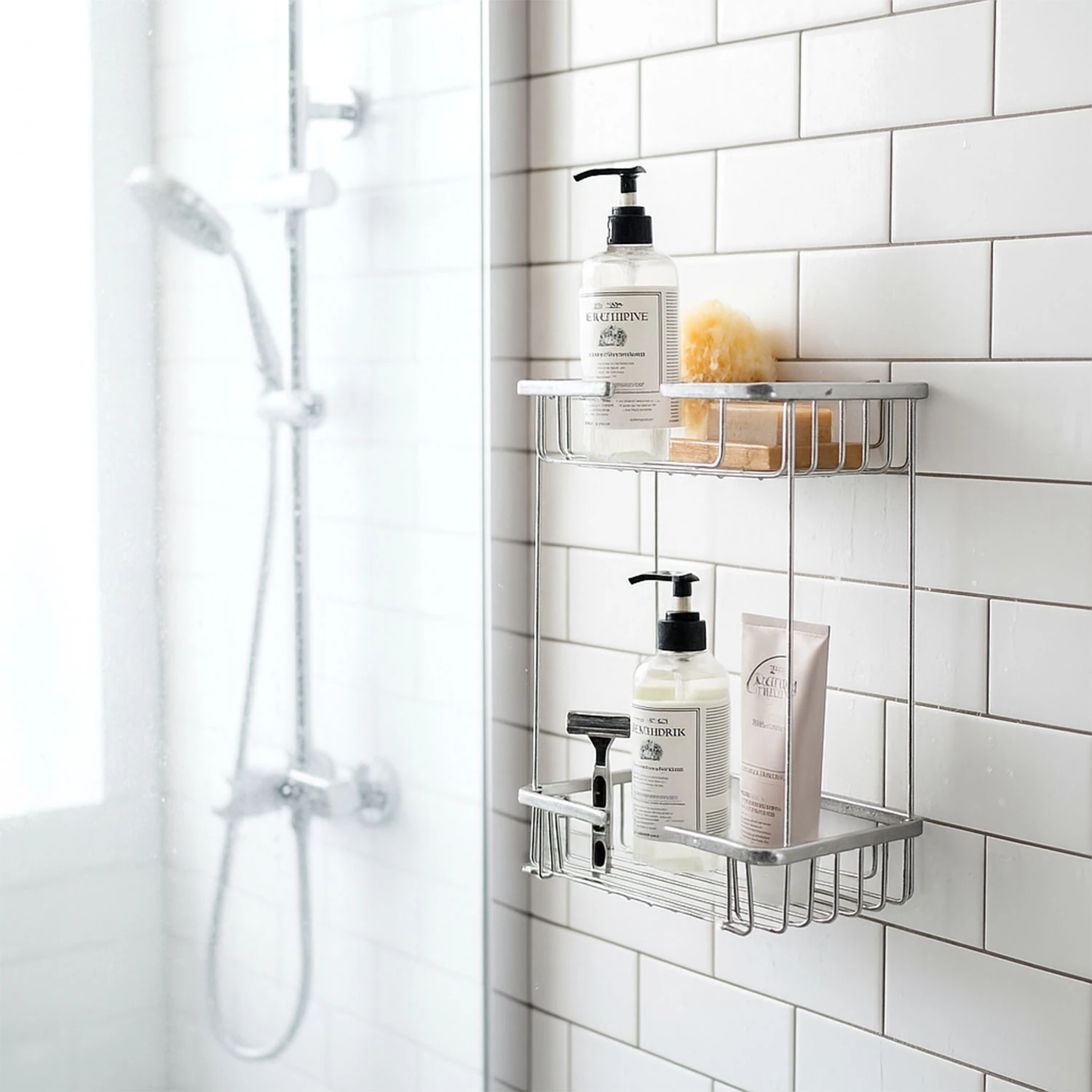 İki Katlı Krom Banyo Şampuanlık Kare Tasarım Çift Kat Duş Rafı Paslanmaz Metal Duvar Organizeri