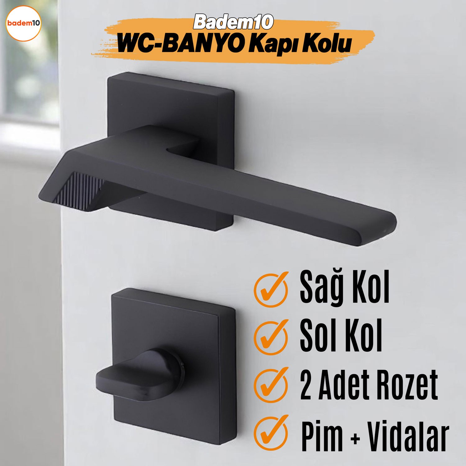 Güneş WC - BANYO Siyah Kapı Kolu Kare Rozetli Sağa Sola Uygun Ev Kapı Kolları Kilitlenebilir 1 Takım
