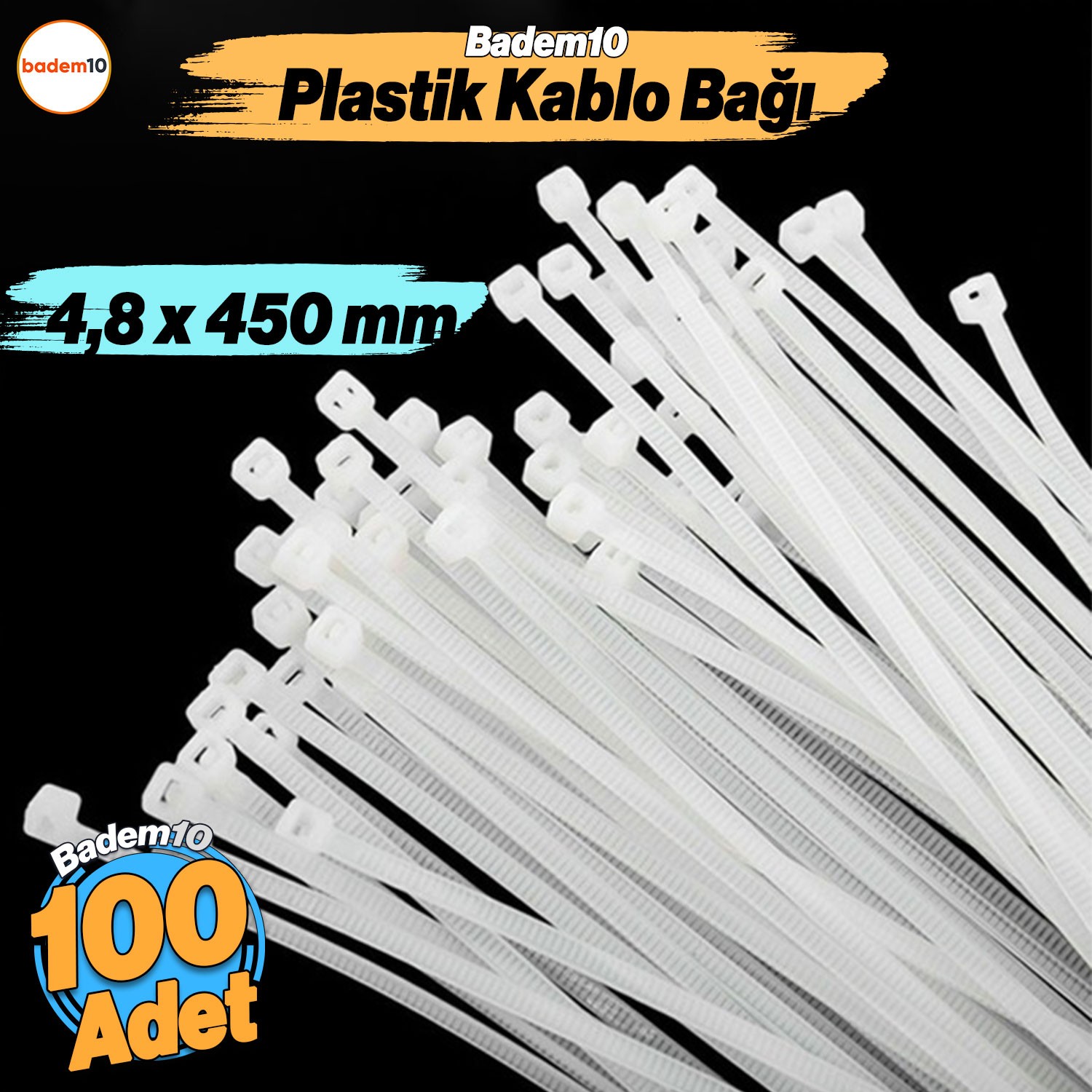 100 Adet Cırt Kelepçe 4,8x450 mm Plastik Beyaz Renk Zip Kablo Bağı Çok Amaçlı Bağlama