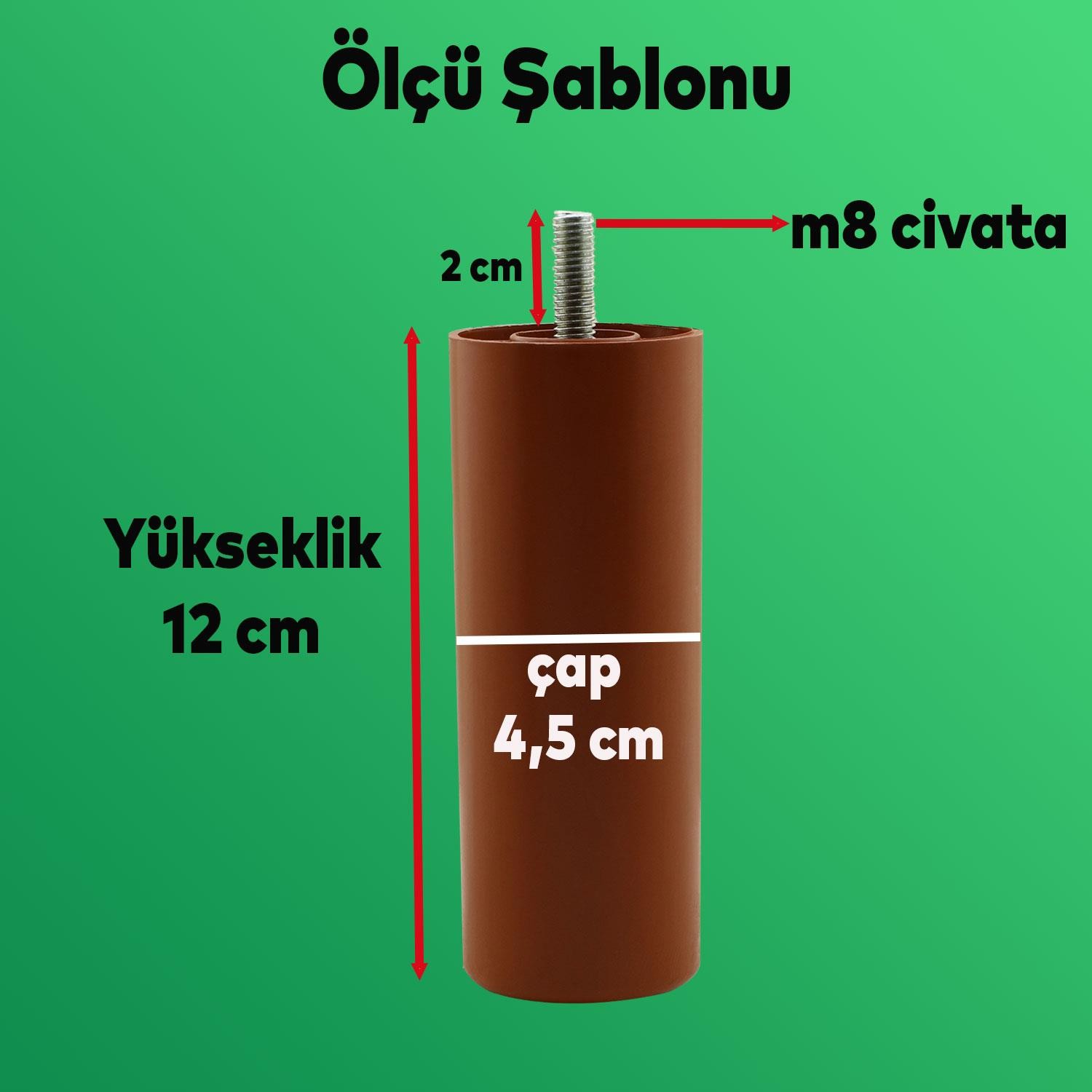 4 Adet Kahve 12 cm Mobilya Kanepe Koltuk Baza Yükseltme M8 Civatalı İnce Diş Destek Ayağı Ayakları