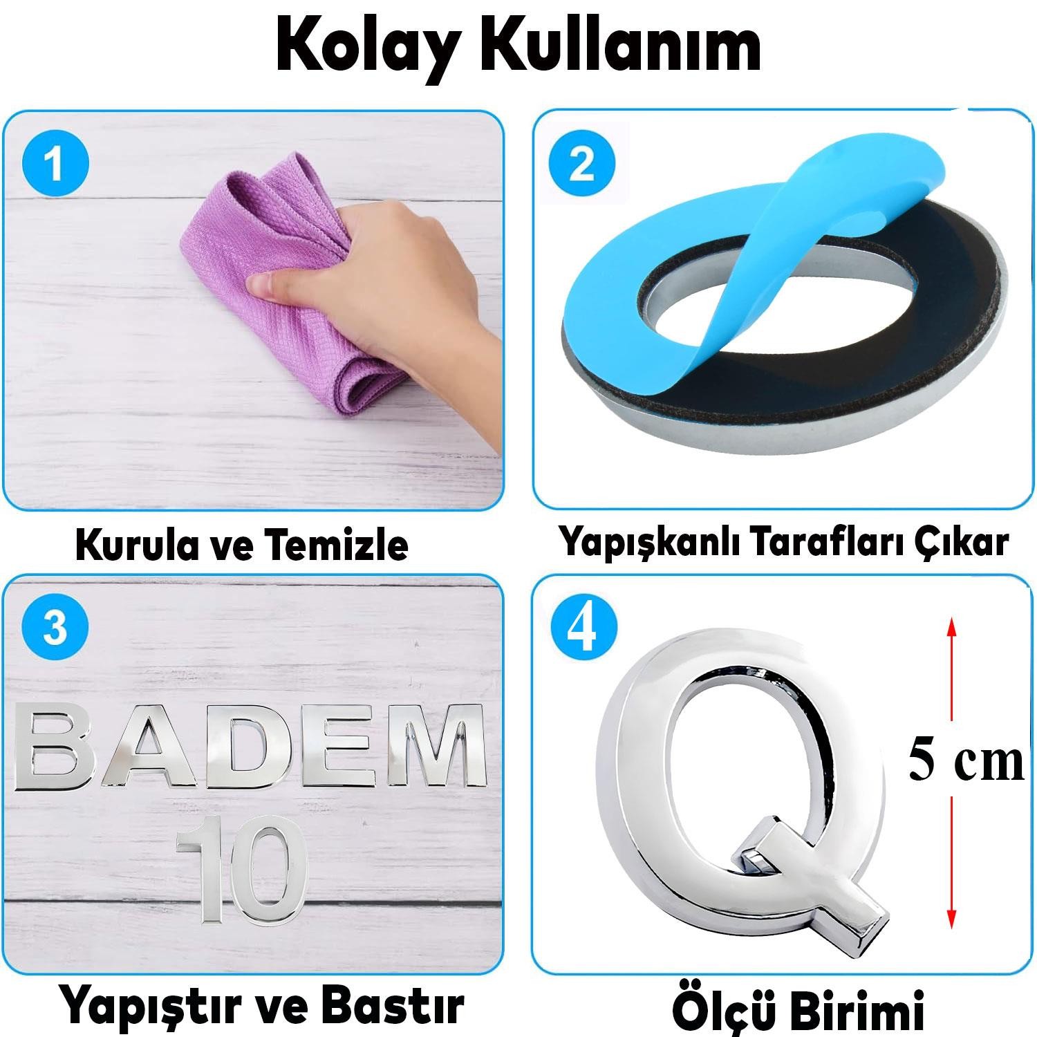 Harf Yapışkanlı Q Harfi 5 cm Kapı Oda Posta Kutusu Oto Araç Harfi Yazısı Parlak Krom Gümüş 