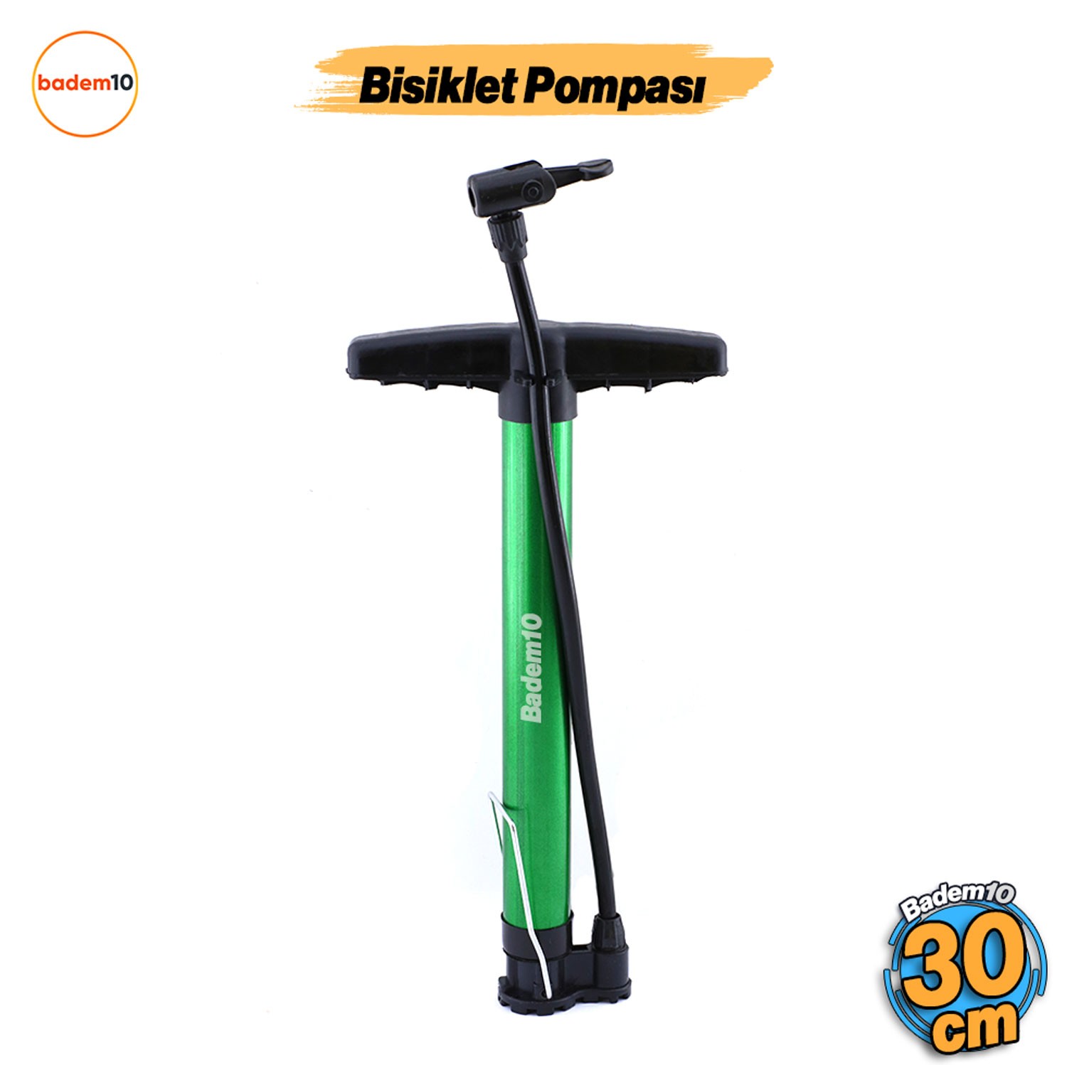 Bisiklet Pompası 30 cm El Tipi Ayak Tutamaklı Hava Top Şişirme Standart Plastik Başlıklı Uçlu Borulu