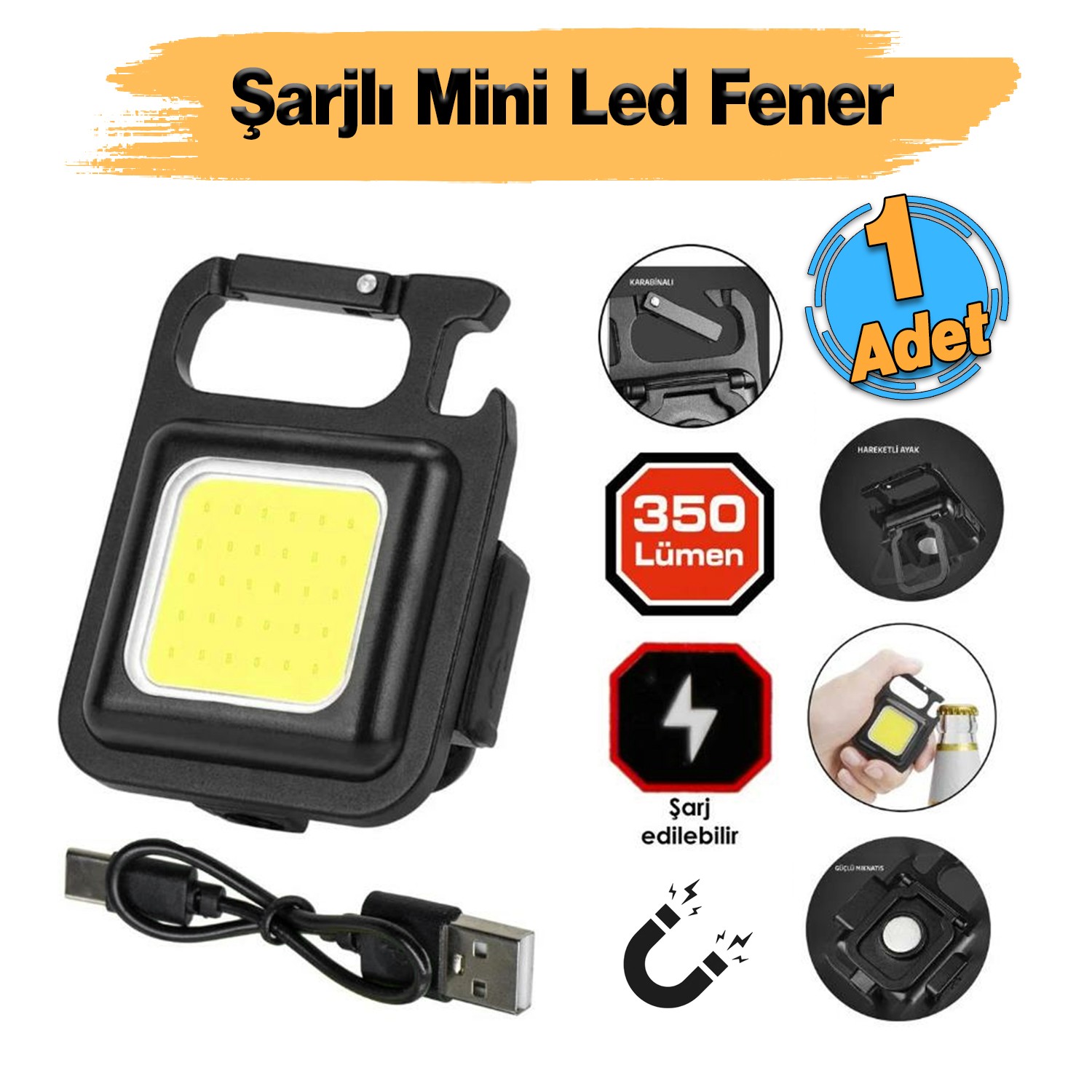 Mıknatıslı Mini Led El Feneri Anahtarlık Tipi Taşınabilir Kamp Lambası Şişe Açacağı 350 Lümen 2 Watt