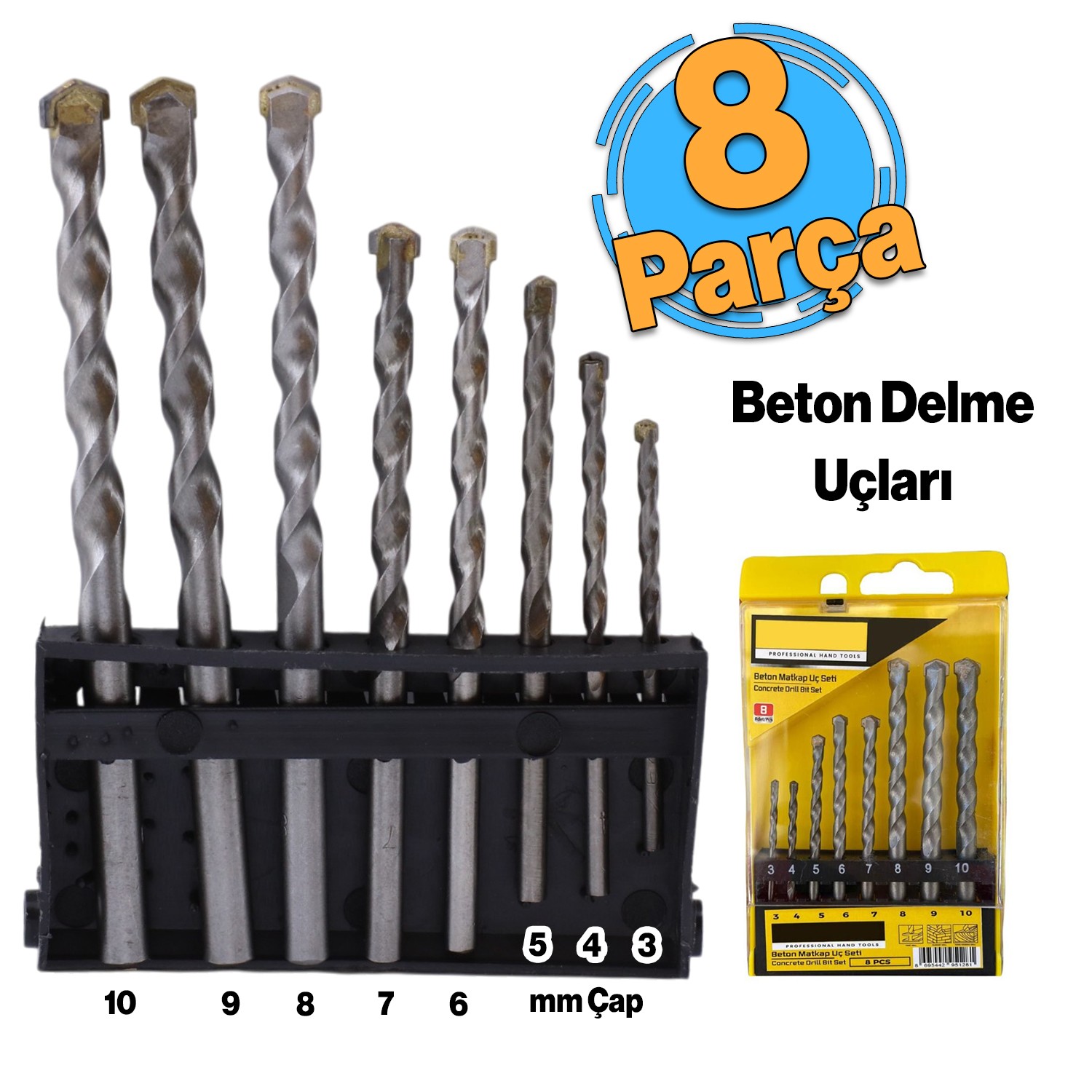 Beton Delme Matkap Ucu Set 8 'li Paket Betonarme Prekast Duvar Delme 3 4 5 6 7 8 9 10 mm Çap 