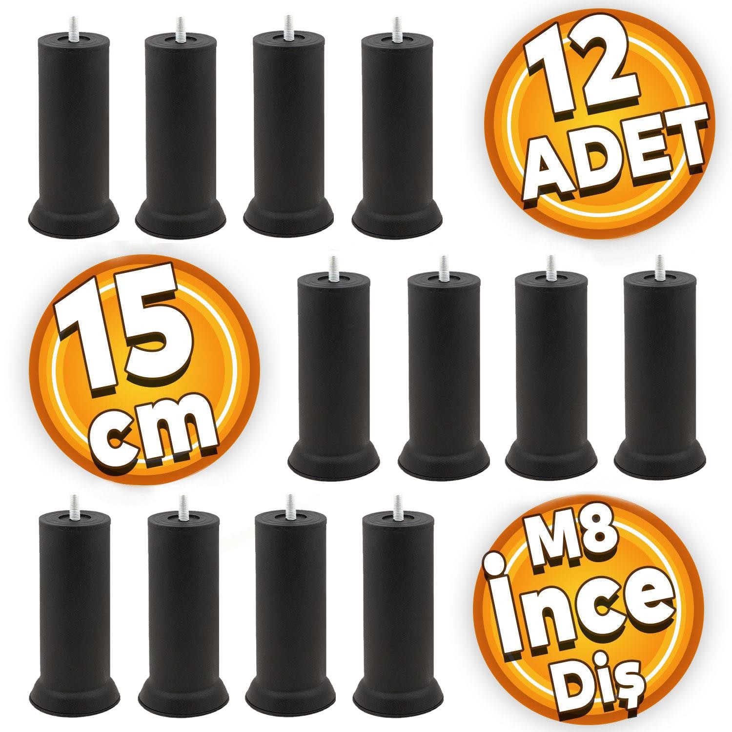Mobilya Baza Kanepe Koltuk Çekyat Yüksetlme Ayağı M8 Ince Diş Siyah Ayakları 15 Cm Metal (12 ADET)