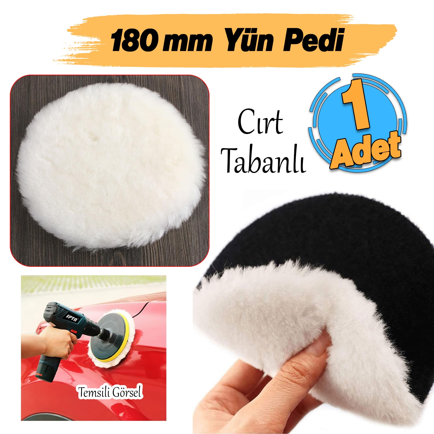 ( 1 Adet ) Yün Ped Ø 180 mm Pasta Cila Polisaj Süngeri Cırt Tabanlı Kuzu Postu Yünü Keçesi Parlatma