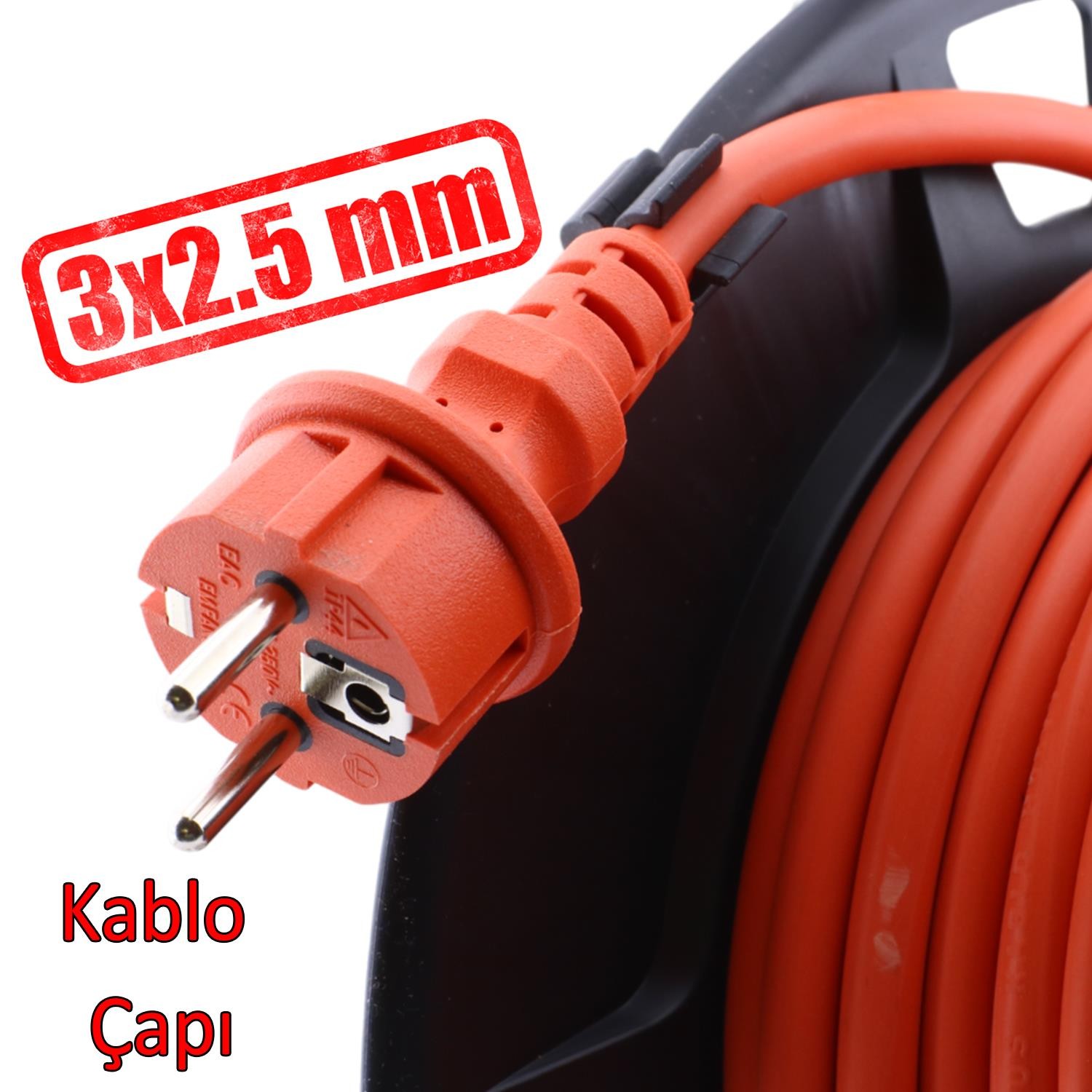 Bylion PME-20325-F Plastik Makaralı Monofaze Uzatma Kablosu 3x2.5 mm 20 Metre Seyyar CCA Alüminyum Alaşım Kablo 4 Priz
