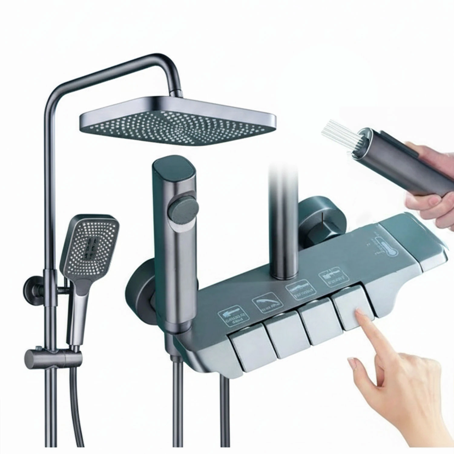 Piyano Robot Duş Seti Tuşlu Tam Takım Antrasit Lüks Yağmurlama Fonksiyonlu El Duşu Başlıklı Sistemi