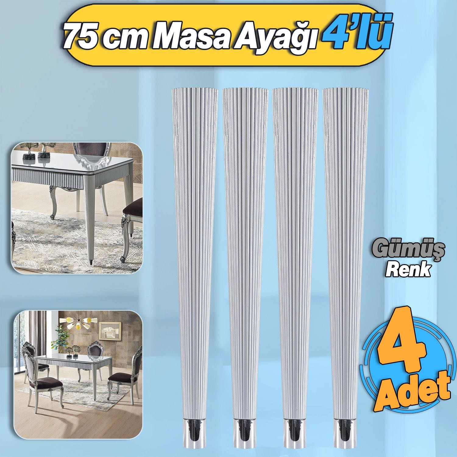 4 Adet Suit Masa Dresuar Ayağı 75 cm Plastik Gümüş Gri Ayak Mutfak Yemek Masası Mobilya Ayakları