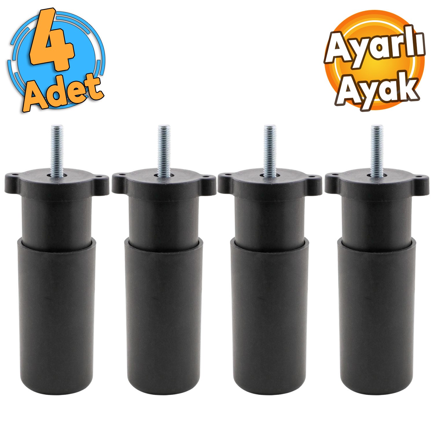 (4 ADET) Ayarlanabilir 9.5 cm Siyah Mobilya Kanepe Baza Koltuk Vidalı Orta Destek Ayağı Ayakları
