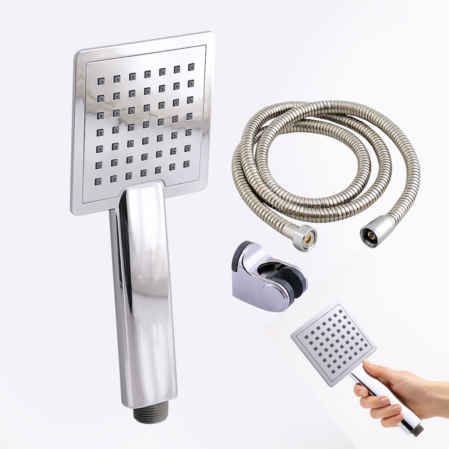 Slim Mafsallı Duş Seti 3 Parça Tek Fonksiyon Krom Gümüş El Duşu Hortumu Tutacağıyla Lüks Banyo Takım