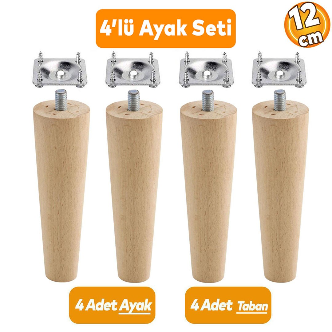 Ahşap Mobilya Koltuk Kanepe Sehpa Masa Ayağı Ayakları M8 Civatalı 12 Cm Bağlantı Aparatlı 4'lü Set