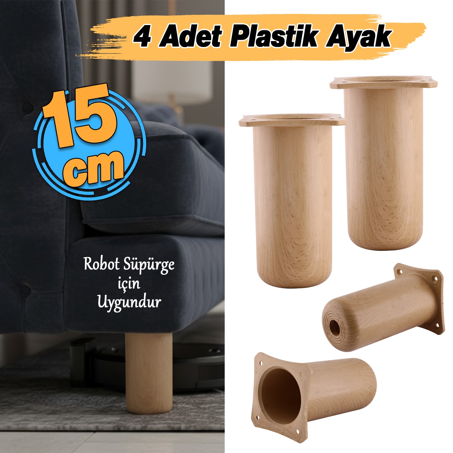 ( 4 Adet ) Plastik Liva Kayın Beji 15 cm Mobilya Kanepe Koltuk Yatak Baza Yükseltme Ayağı Ayakları