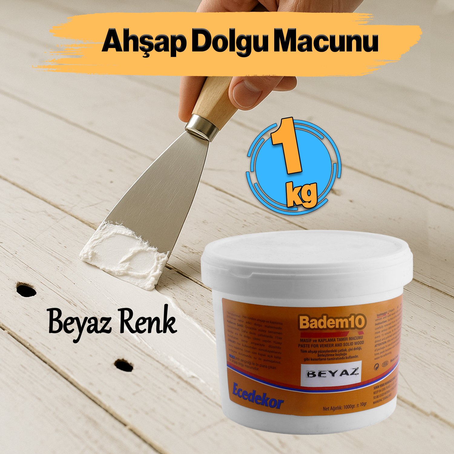 Ahşap Parke Çizik Giderici Masif Kaplama Beyaz Renk 1 Kg Tamir Dolgu Boşluk Doldurucu Onarım Macunu