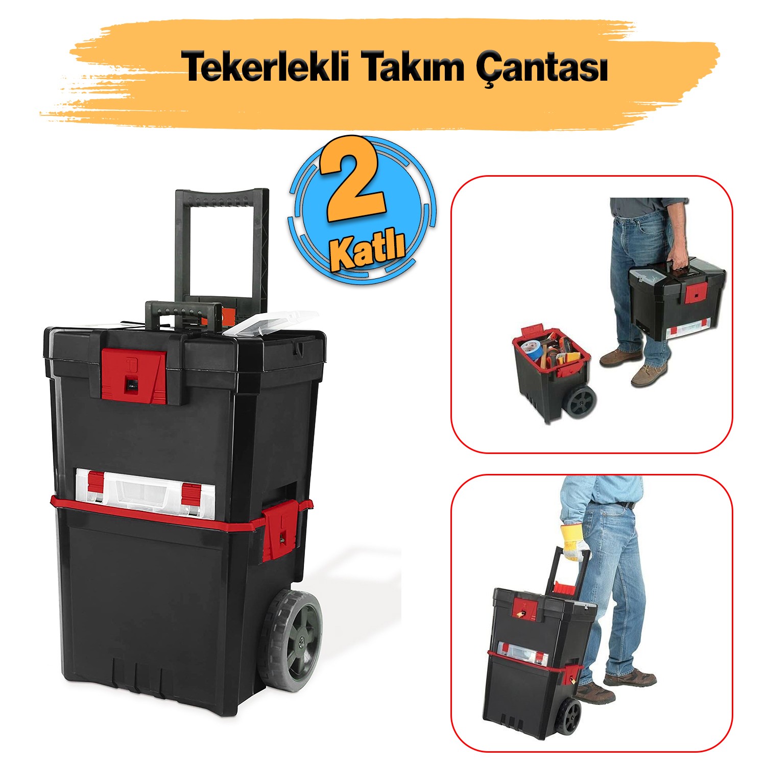 Tekerlekli Takım Çantası Plastik Organizer Bölmeli Kapaklı 2 Katlı İkili Takım Sandığı Monoblok