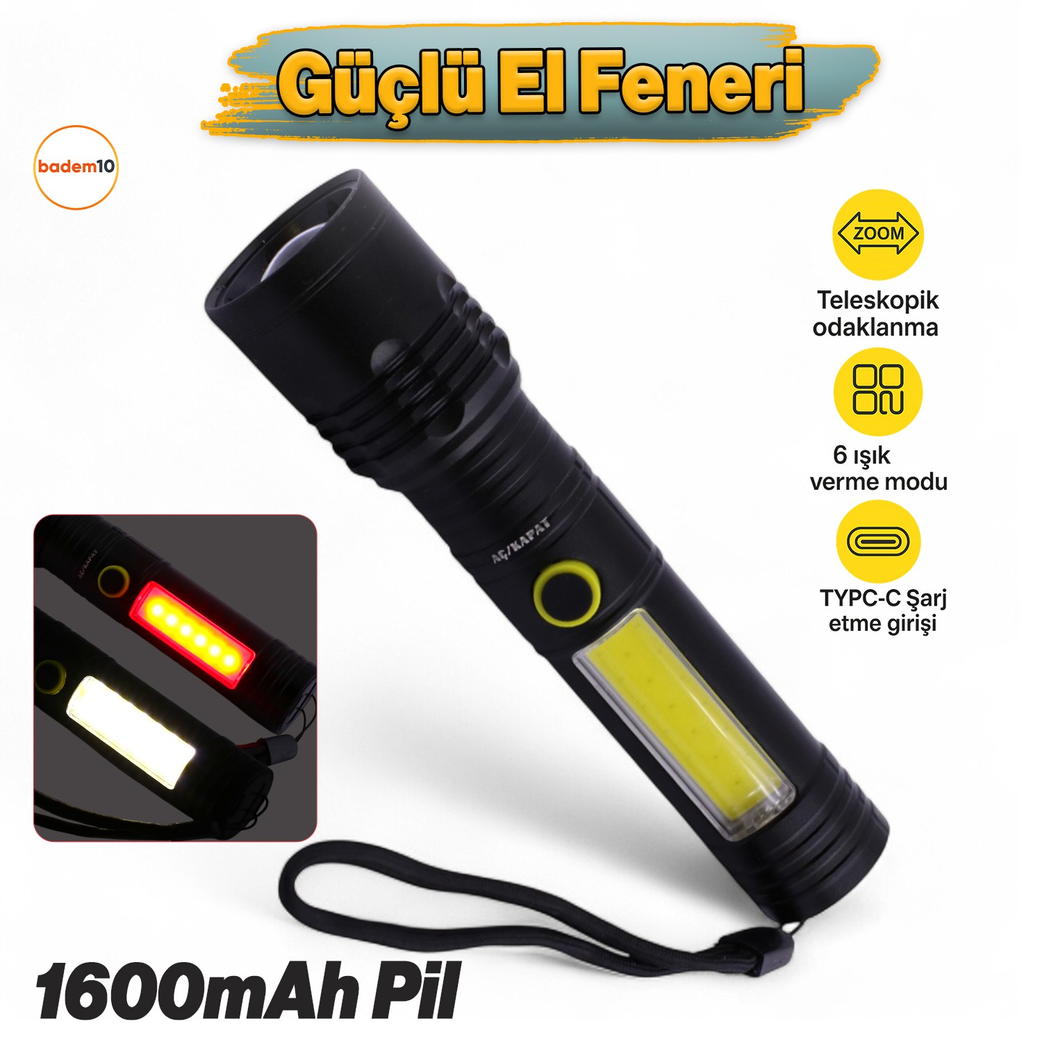 Çok Fonksiyonlu Şarjlı El Feneri Uzun Menzil Metal Kasa 10W COB LED Işıldak Teleskopik Odaklı