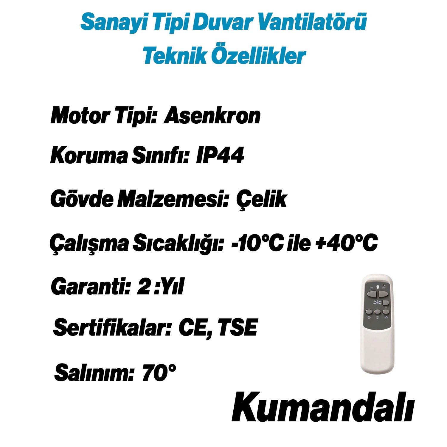 Sanayi Tipi Kumandalı 65 cm 190W Duvar Vantilatörü Endüstriyel Sessiz Duvara Monte Zincirli Fan