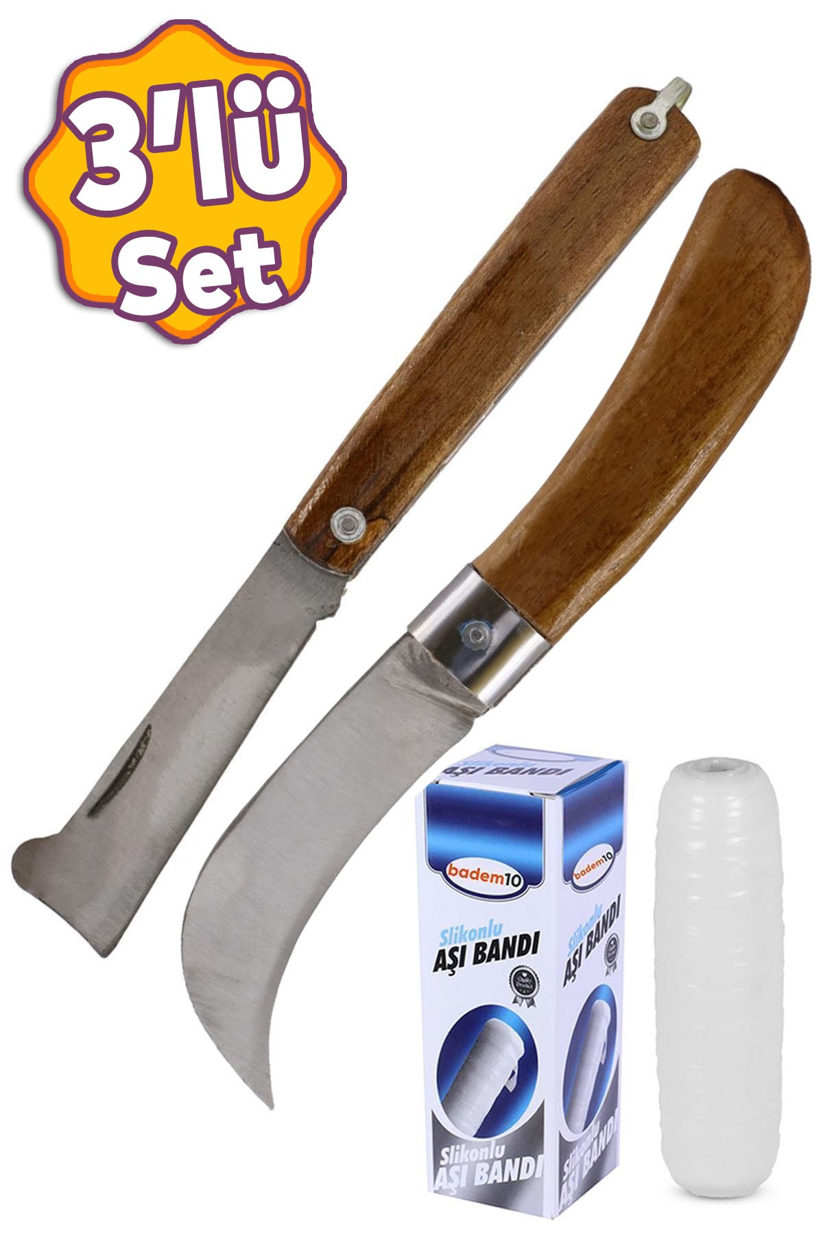 Kudre Aşı Bıçağı Eğri Uçlu Bağ Bıçağı Çakısı + Düz Uçlu Açı Bıçak + Aşı Bandı (3'lü Set)