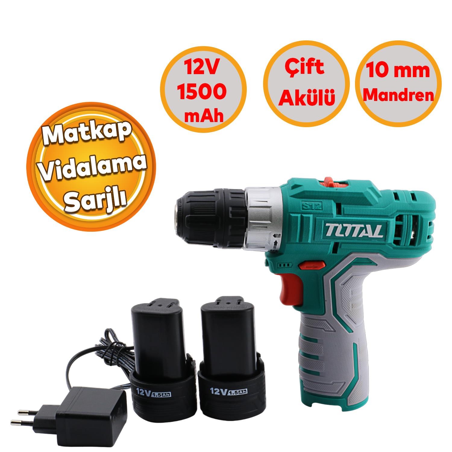 Çift Akülü Li-ion Batarya 12V Çift Vitesli 1500 mAh Led Işıklı Darbesiz Anahtarsız Vidalama TDLI1232E