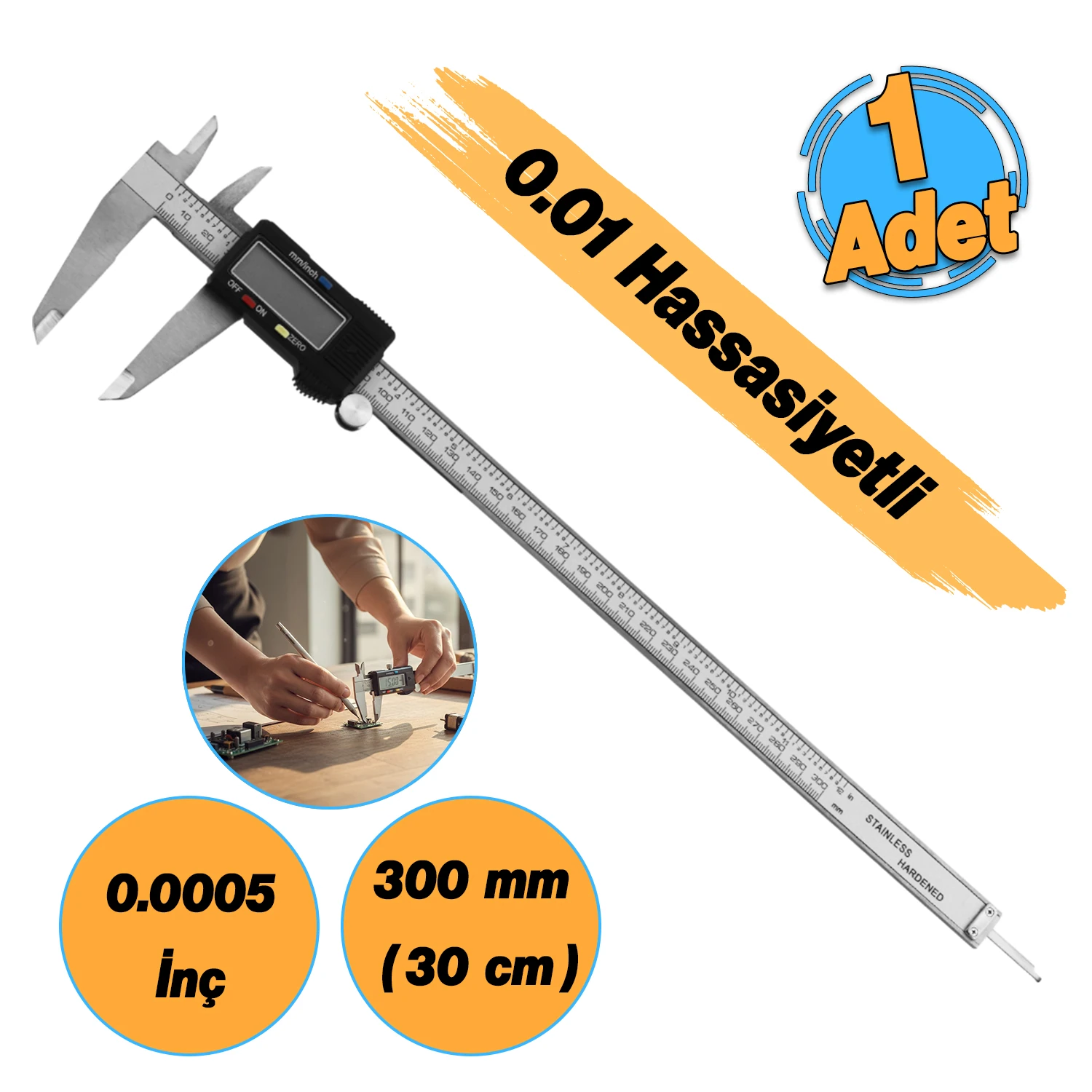 Dijital Kumpas Lcd Ekranlı (0.01-12 mikron Hassasiyet) 0.0005 İnç Metal 300 mm Derinlik Ölçüm Aleti