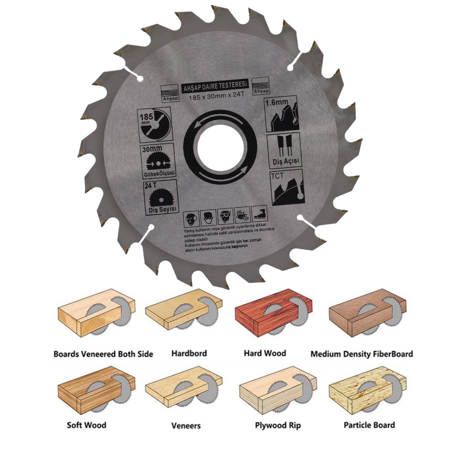 Ahşap MDF Mobilya Tahta Sunta Dolap Kesme Testeresi Metal Elmas Testere 185 mm 24 Diş