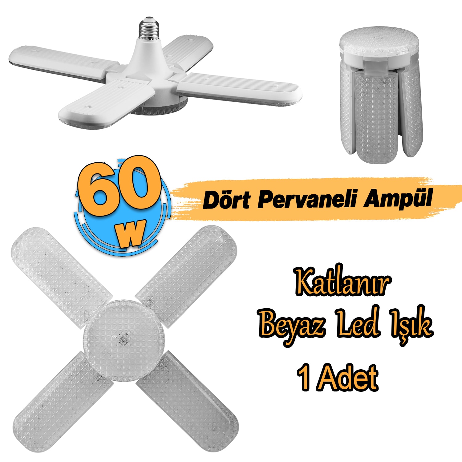 Dört Pervaneli Tasarruflu Ampul 60 W Led Lamba Beyaz E27 Duy 5400 Lümen Uzun Ömürlü 220 Volt 1 Adet