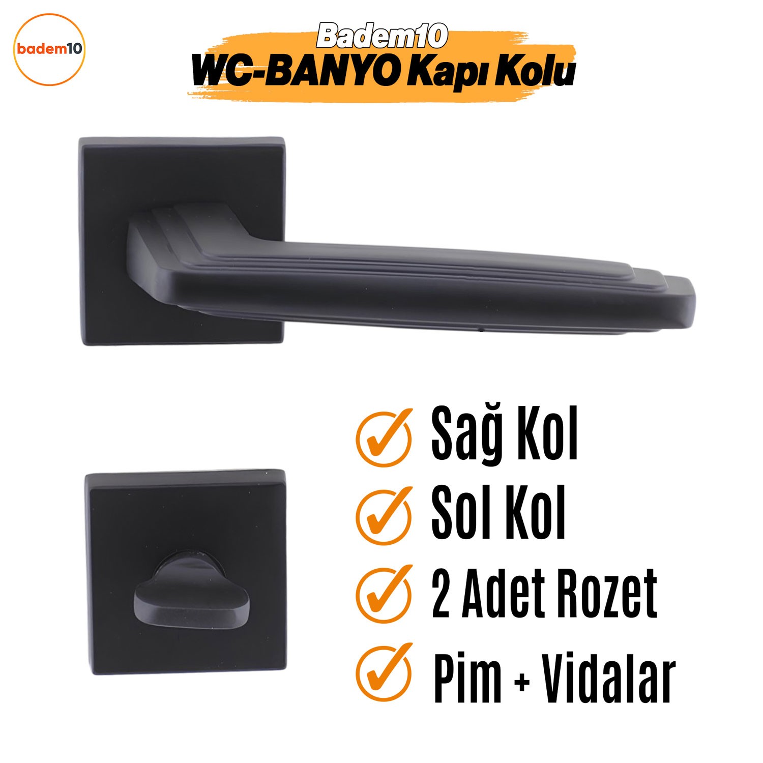 Bulut WC - BANYO Siyah Kapı Kolu Kare Rozetli Sağa Sola Uygun Ev Kapı Kolları Kilitlenebilir 1 Takım