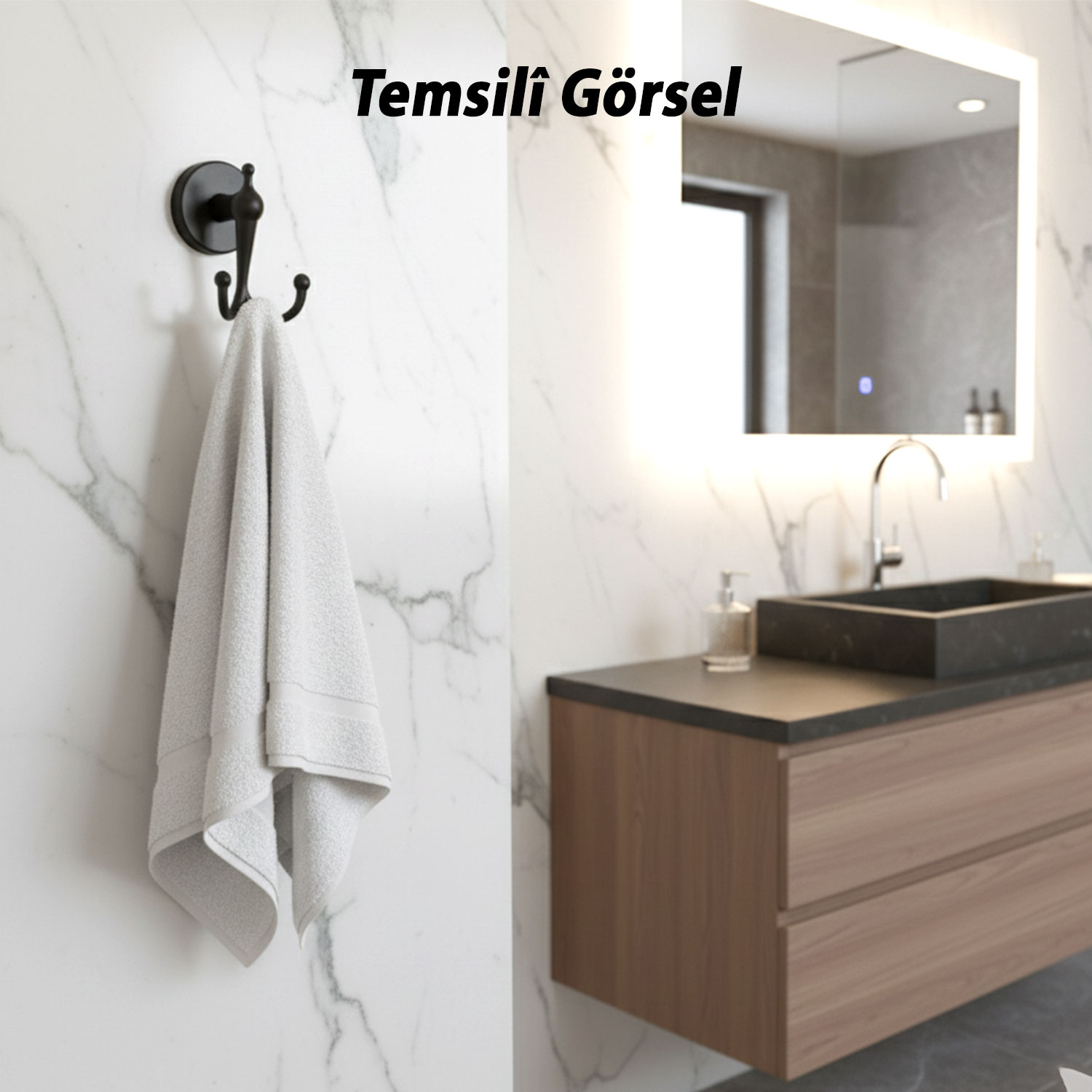 Dolce Mat Siyah İkili Askılık Vidalı Paslanmaz Metal Duvar Askısı Banyo ve Mutfak İçin
