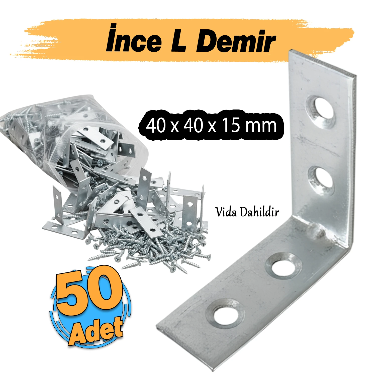 (50 ADET) Metal Köşebent 40x40x15 mm İnce L Demiri Gönye Mobilya Duvar Sabitleme Bağlantı Aparatı