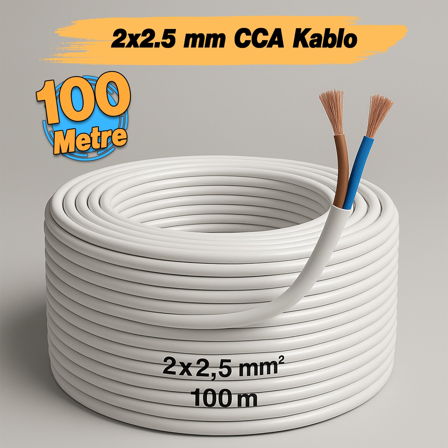 CCA Çok Telli Kablo 2x2.5 mm 100 Metre Elektrik Kablosu Topraklama Yok Alüminyum Alışım Beyaz Renk